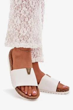 Outlet Boto Klapki Damskie Na Korkowej Platformie Z Ozdobnym Detalem Białe Vessira