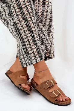 Damskie Boto Klapki Damskie Na Korkowej Platformie Ze Złotymi Klamrami Camel Lisavionea