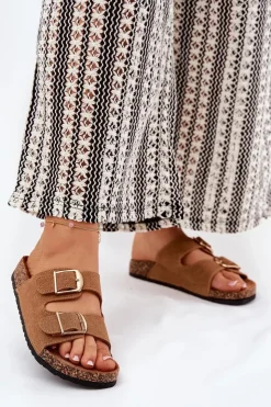 Damskie Boto Klapki Damskie Na Korkowej Platformie Ze Złotymi Klamrami Camel Lisavionea