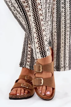 Damskie Boto Klapki Damskie Na Korkowej Platformie Ze Złotymi Klamrami Camel Lisavionea