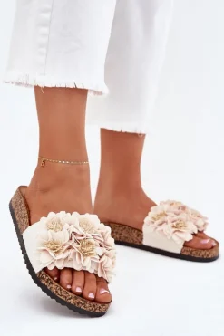 Clearance Boto Klapki Damskie Na Korkowej Podeszwie Z Kwiatkami Beżowe Ferenza