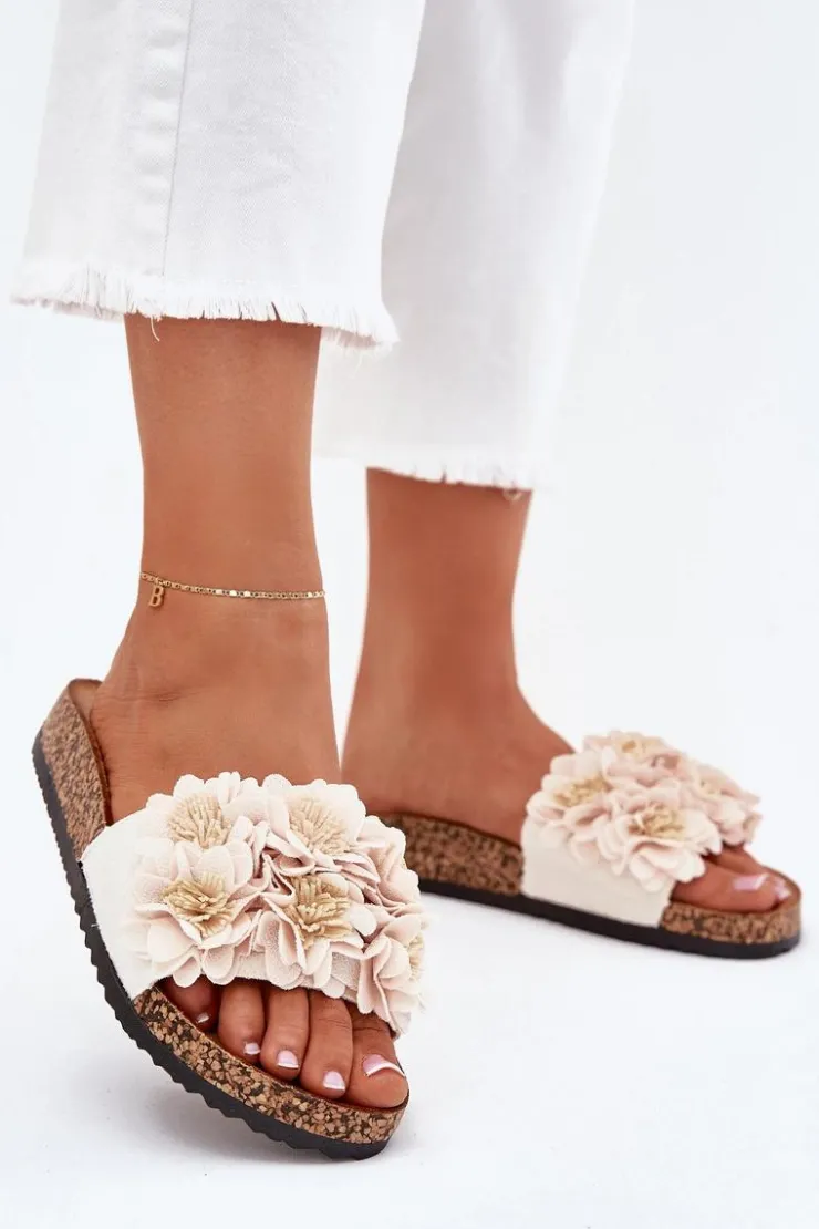 Clearance Boto Klapki Damskie Na Korkowej Podeszwie Z Kwiatkami Beżowe Ferenza