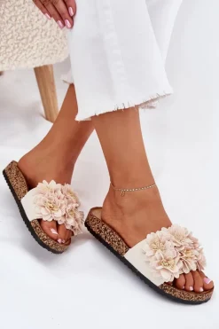 Clearance Boto Klapki Damskie Na Korkowej Podeszwie Z Kwiatkami Beżowe Ferenza
