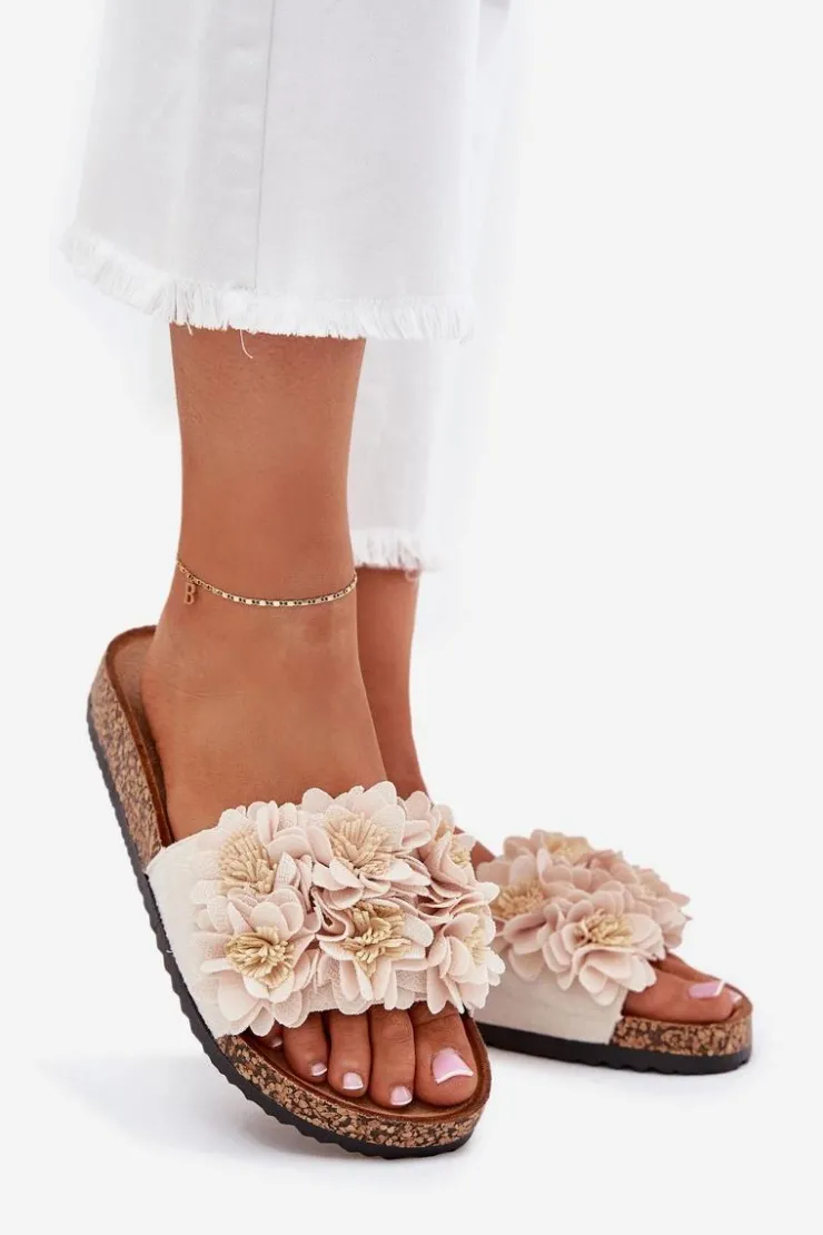 Clearance Boto Klapki Damskie Na Korkowej Podeszwie Z Kwiatkami Beżowe Ferenza