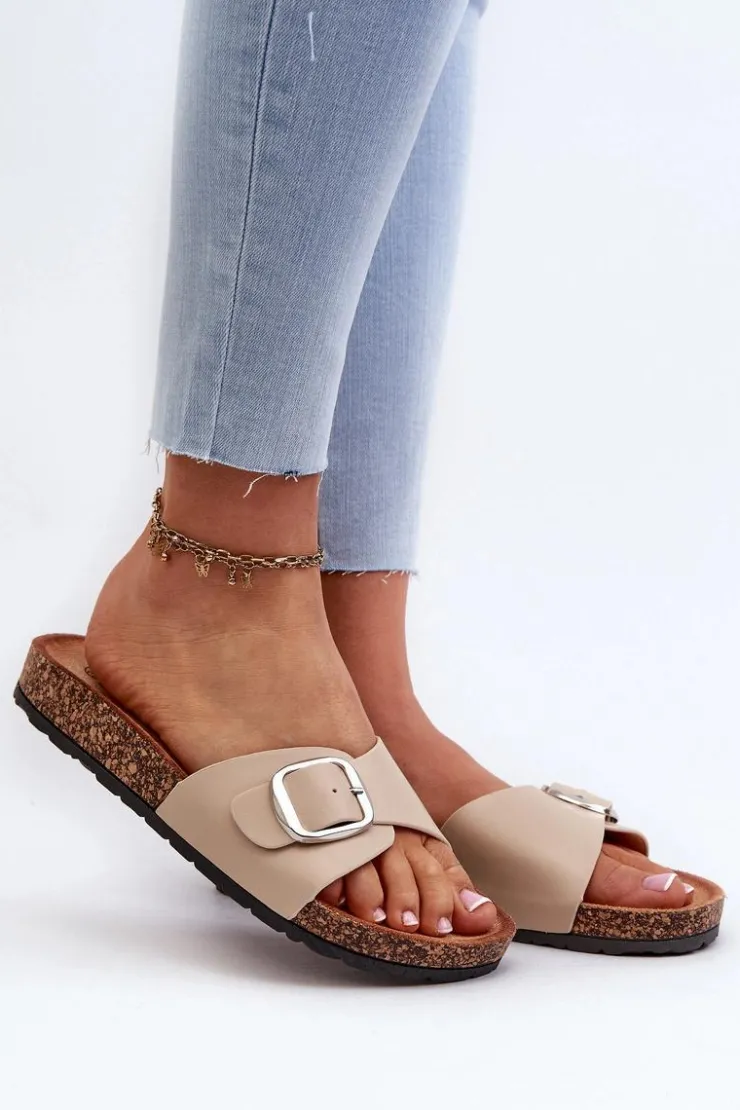 Clearance Boto Klapki Damskie Na Korkowej Platformie Z Klamrą Beżowe Moaxi