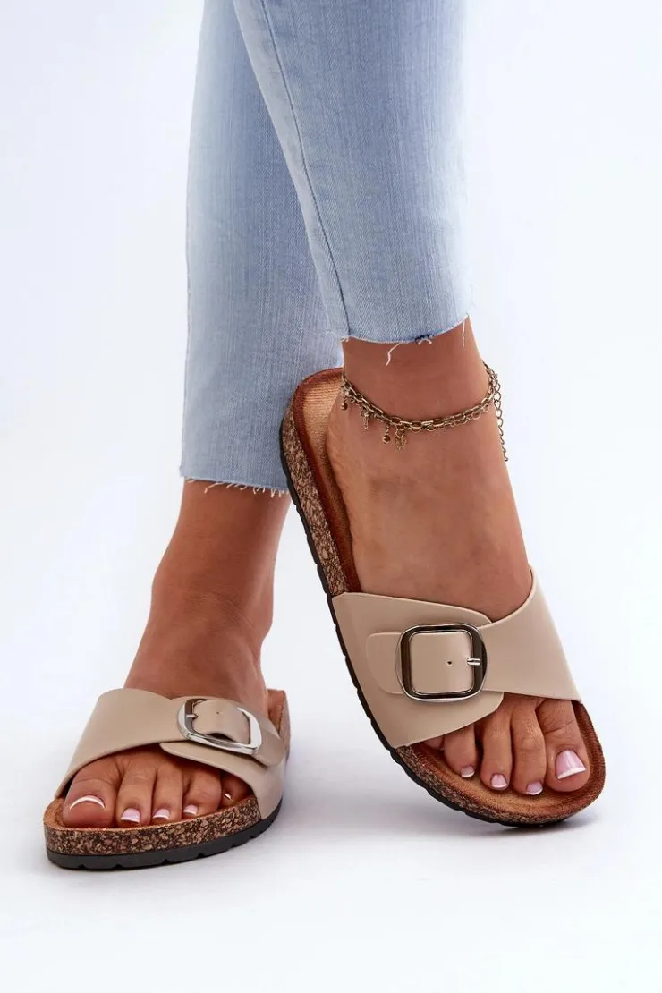 Clearance Boto Klapki Damskie Na Korkowej Platformie Z Klamrą Beżowe Moaxi