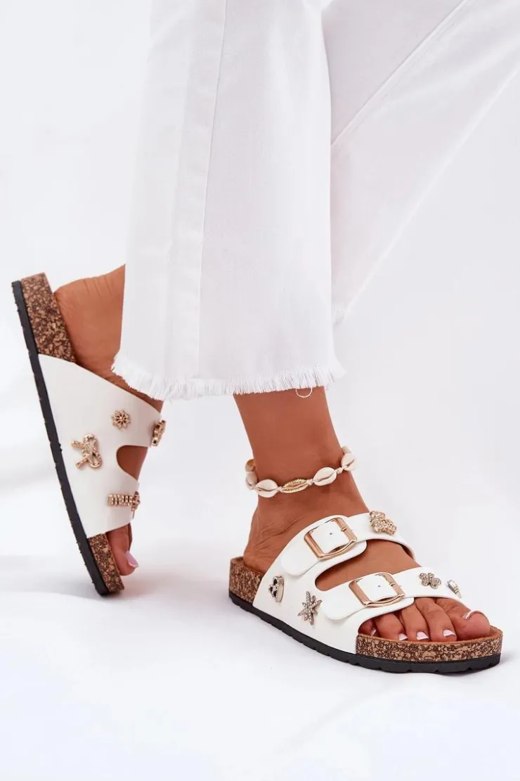 Boto Klapki Korkowe|Klapki Na Platformie*Klapki Damskie Na Korkowej Podeszwie Z Klamrami I Przypinkami Białe Efadelis