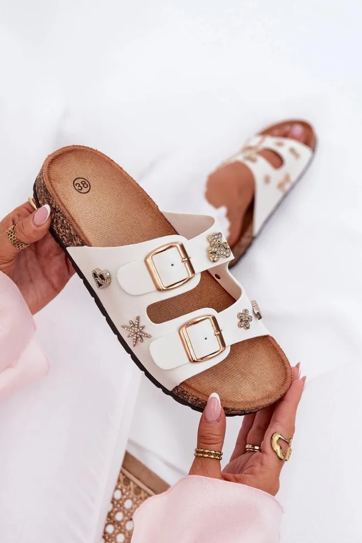 Boto Klapki Korkowe|Klapki Na Platformie*Klapki Damskie Na Korkowej Podeszwie Z Klamrami I Przypinkami Białe Efadelis