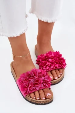 Boto Klapki Damskie Na Korkowej Podeszwie Z Kwiatkami Fuksja Ferenza Różowy