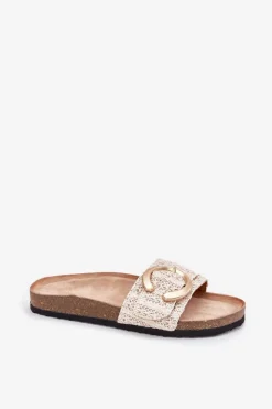Discount Boto Klapki Damskie Na Korkowej Platformie Ze Złotą Klamrą Beżowe Nilaviena