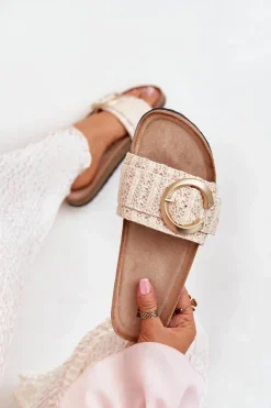 Discount Boto Klapki Damskie Na Korkowej Platformie Ze Złotą Klamrą Beżowe Nilaviena