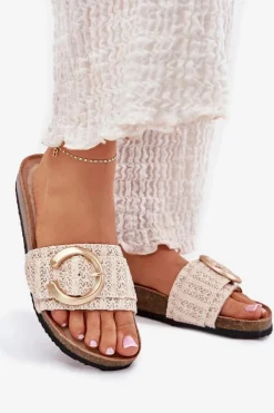 Discount Boto Klapki Damskie Na Korkowej Platformie Ze Złotą Klamrą Beżowe Nilaviena