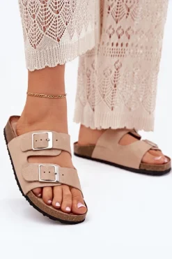 Online Boto Klapki Damskie Na Korkowej Platformie Klamry Beżowe Evisolla