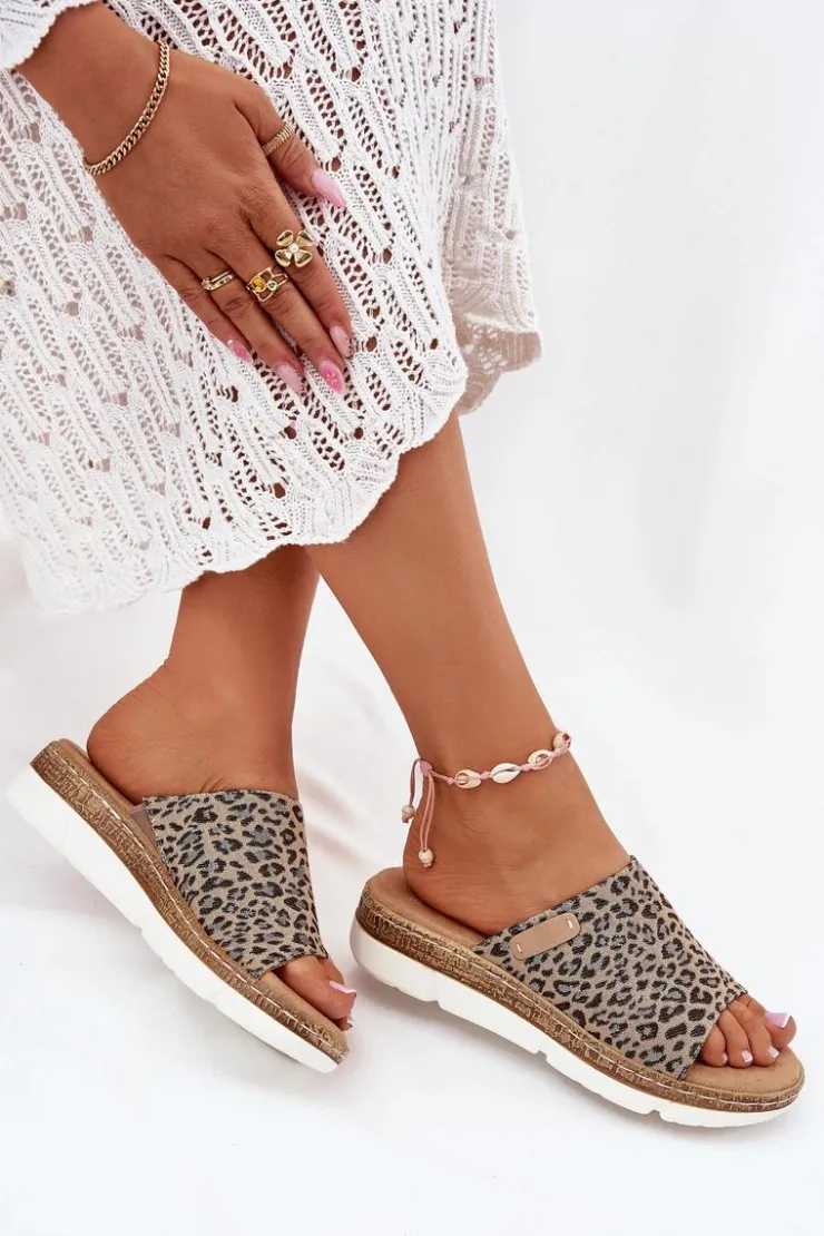 Boto Klapki Na Koturnie|Klapki Na Platformie*Klapki Damskie Na Koturnie Panterka Norozi Brązowy