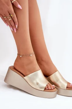 Clearance Boto Klapki Damskie Na Koturnie Eko Skórzane Złote Obenae