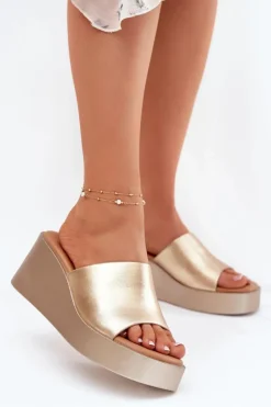 Clearance Boto Klapki Damskie Na Koturnie Eko Skórzane Złote Obenae