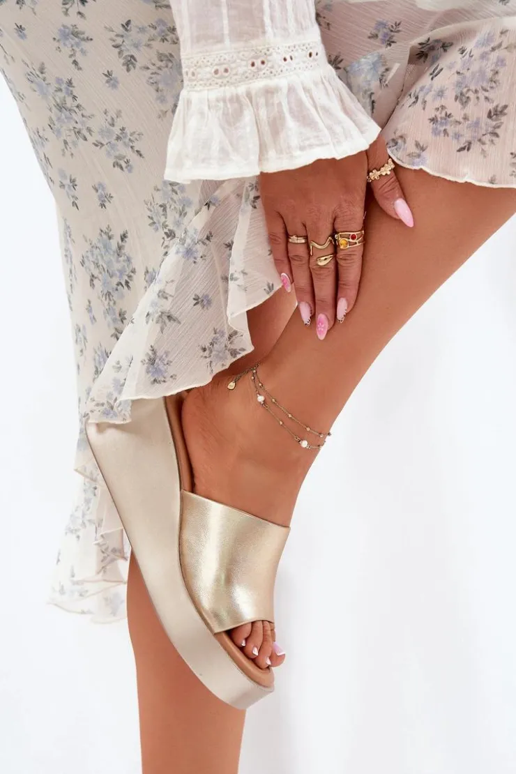 Clearance Boto Klapki Damskie Na Koturnie Eko Skórzane Złote Obenae