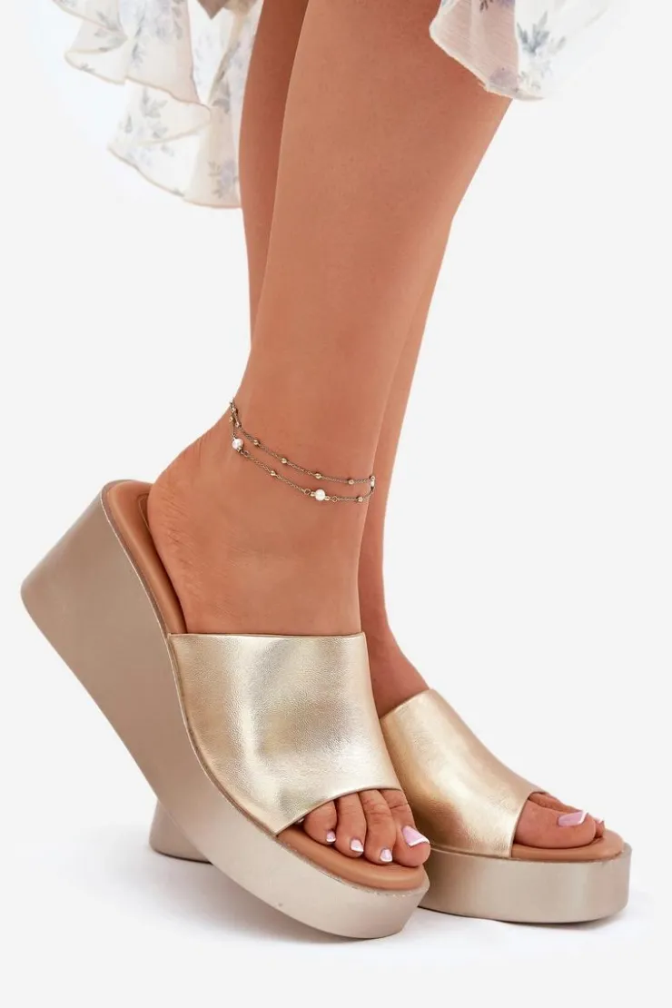 Clearance Boto Klapki Damskie Na Koturnie Eko Skórzane Złote Obenae