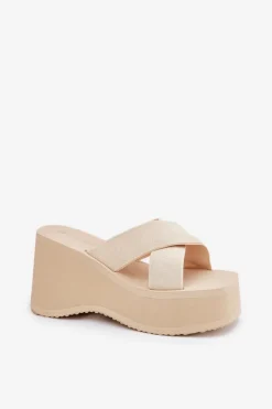 Outlet Boto Klapki Damskie Na Koturnie I Platformie Beżowe Sevolee Beżowy
