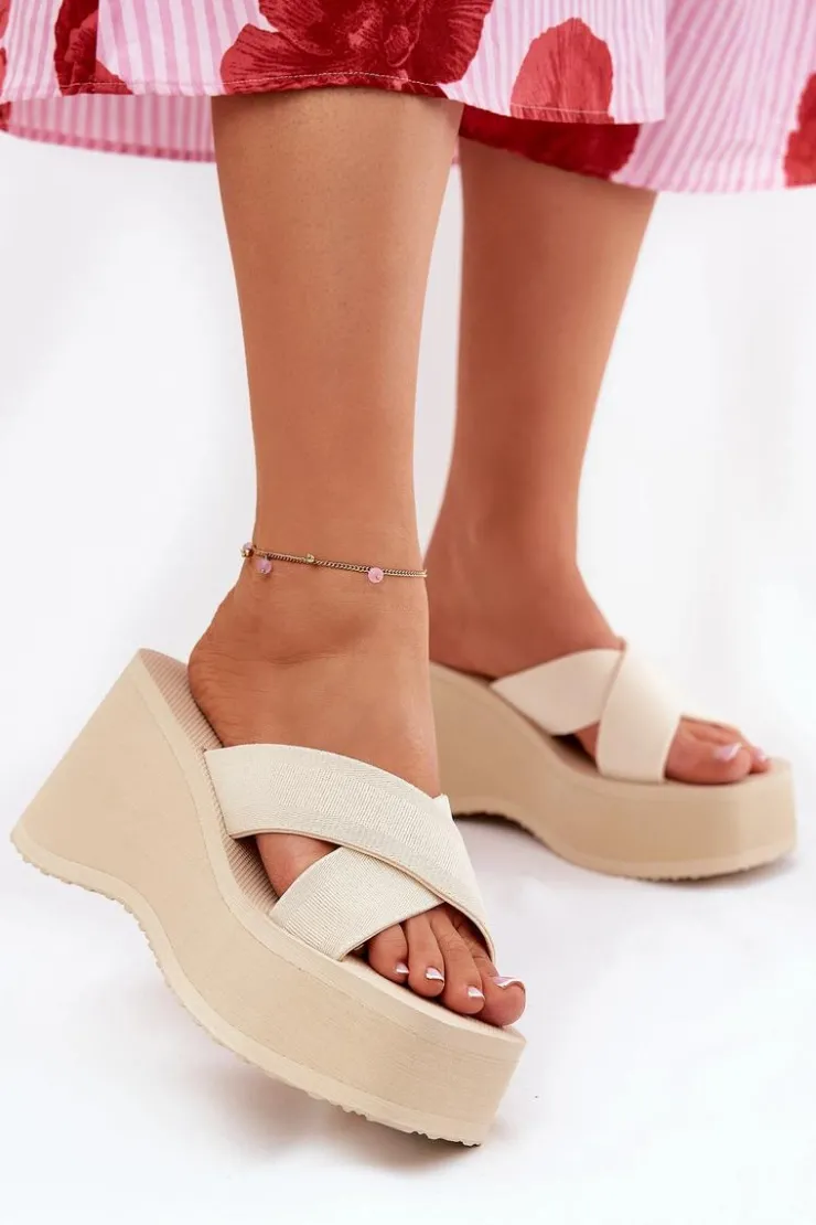 Outlet Boto Klapki Damskie Na Koturnie I Platformie Beżowe Sevolee Beżowy
