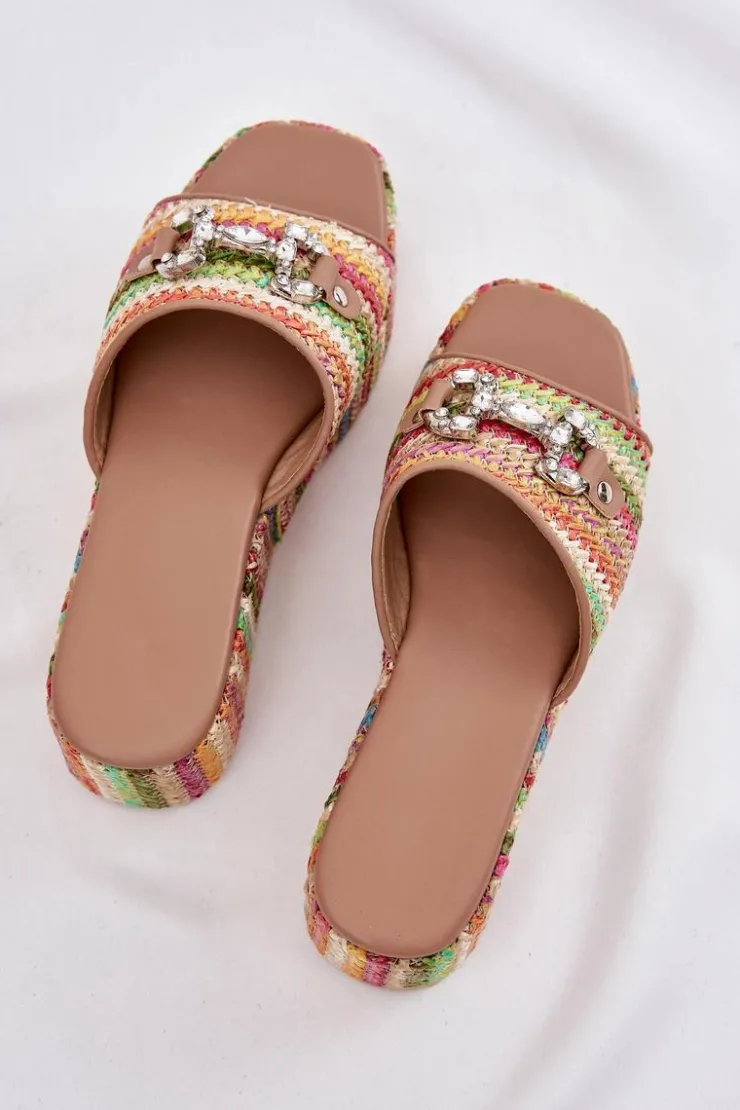 Boto Klapki Na Koturnie|Klapki Na Platformie*Klapki Damskie Na Koturnie Z Plecionką I Ozdobą Multikolor Isolene Wielokolorowy