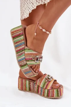 Boto Klapki Na Koturnie|Klapki Na Platformie*Klapki Damskie Na Koturnie Z Plecionką I Ozdobą Multikolor Isolene Wielokolorowy