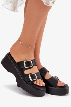 Boto Klapki Na Koturnie|Klapki Na Platformie*Klapki Damskie Na Koturnie I Platformie Z Klamrami Czarne Nitarelia Czarny