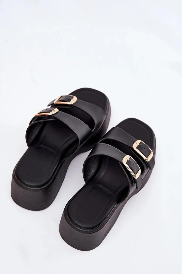 Boto Klapki Na Koturnie|Klapki Na Platformie*Klapki Damskie Na Koturnie I Platformie Z Klamrami Czarne Nitarelia Czarny