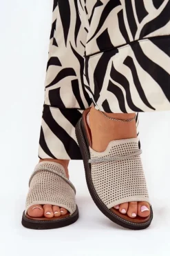 Online Boto Klapki Damskie Na Koturnie Z Ozdobnym Paseczkiem Beżowe Teriwes Beżowy