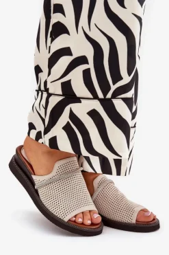 Online Boto Klapki Damskie Na Koturnie Z Ozdobnym Paseczkiem Beżowe Teriwes Beżowy