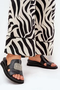 Damskie Boto Klapki Damskie Na Koturnie Eko Skórzane Z Ozdobą Czarne Sarela