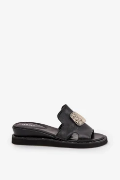 Damskie Boto Klapki Damskie Na Koturnie Eko Skórzane Z Ozdobą Czarne Sarela