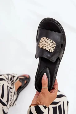 Damskie Boto Klapki Damskie Na Koturnie Eko Skórzane Z Ozdobą Czarne Sarela