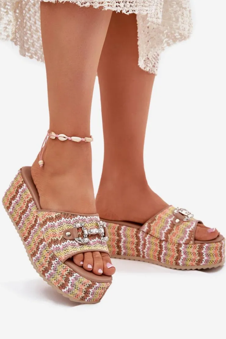 Sale Boto Klapki Damskie Na Koturnie Z Plecionką I Ozdobą Multikolor Isolene Wielokolorowy