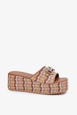 Sale Boto Klapki Damskie Na Koturnie Z Plecionką I Ozdobą Multikolor Isolene Wielokolorowy