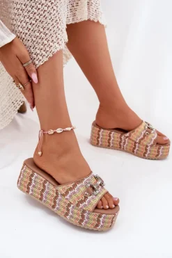 Sale Boto Klapki Damskie Na Koturnie Z Plecionką I Ozdobą Multikolor Isolene Wielokolorowy