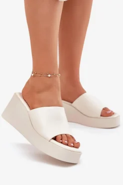 New Boto Klapki Damskie Na Koturnie Eko Skórzane Jasnobeżowe Obenae Beżowy