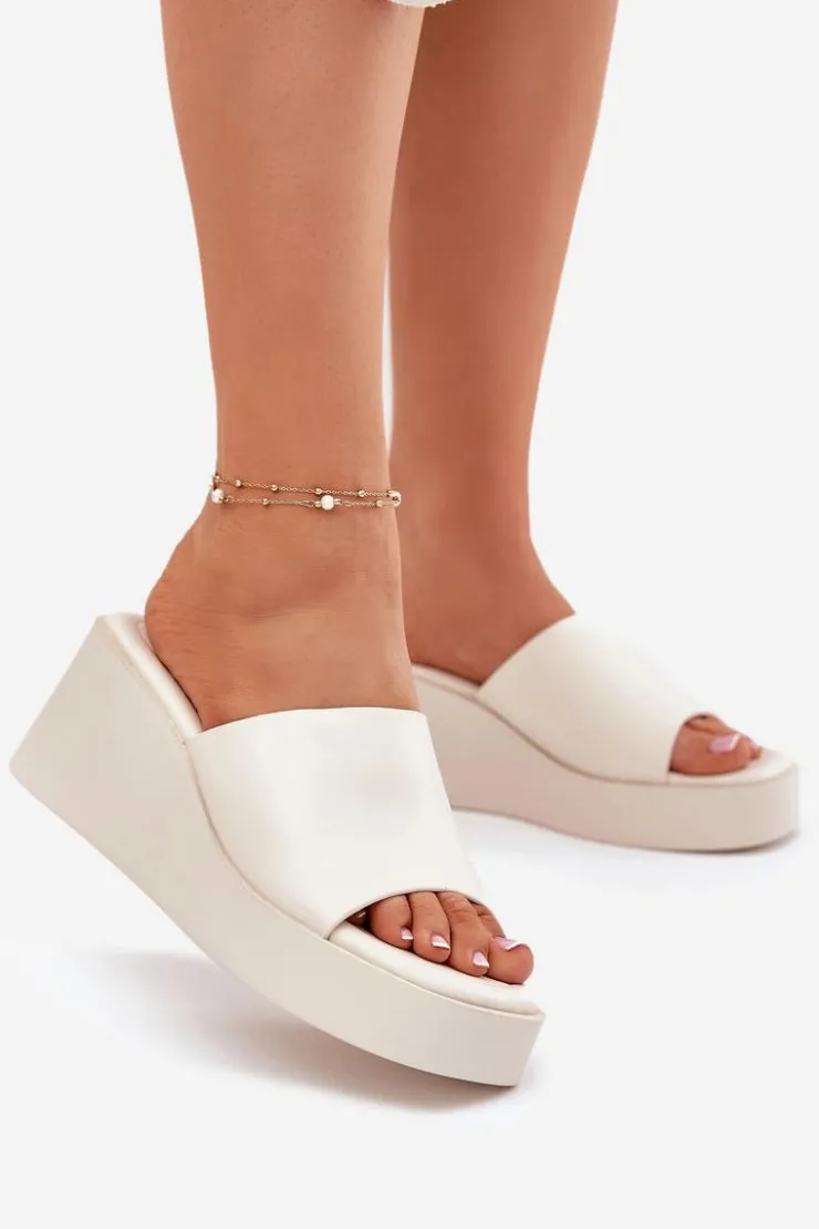 New Boto Klapki Damskie Na Koturnie Eko Skórzane Jasnobeżowe Obenae Beżowy