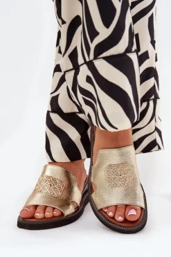 Boto Klapki Na Koturnie|Klapki Na Platformie*Klapki Damskie Na Koturnie Eko Skórzane Z Ozdobą Złote Sarela Złoty