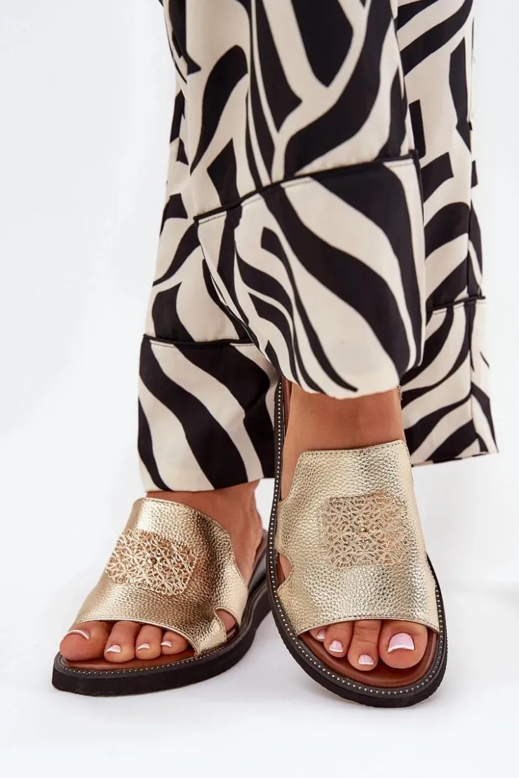 Boto Klapki Na Koturnie|Klapki Na Platformie*Klapki Damskie Na Koturnie Eko Skórzane Z Ozdobą Złote Sarela Złoty