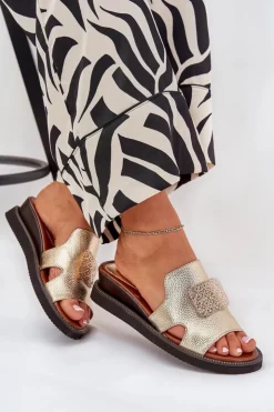 Boto Klapki Na Koturnie|Klapki Na Platformie*Klapki Damskie Na Koturnie Eko Skórzane Z Ozdobą Złote Sarela Złoty