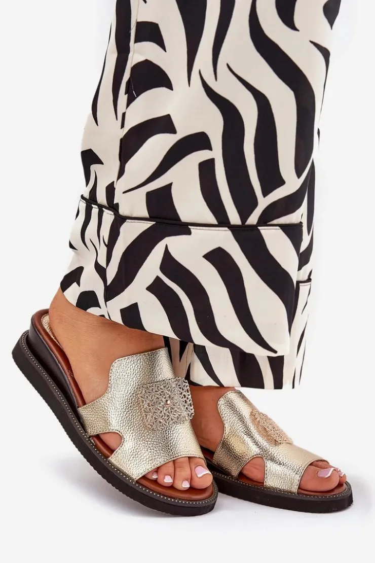 Boto Klapki Na Koturnie|Klapki Na Platformie*Klapki Damskie Na Koturnie Eko Skórzane Z Ozdobą Złote Sarela Złoty