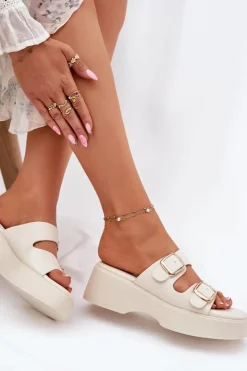 Damskie Boto Klapki Damskie Na Koturnie I Platformie Z Klamrami Jasnobeżowe Nitarelia