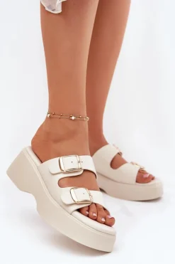 Damskie Boto Klapki Damskie Na Koturnie I Platformie Z Klamrami Jasnobeżowe Nitarelia