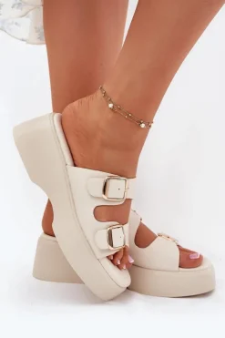 Damskie Boto Klapki Damskie Na Koturnie I Platformie Z Klamrami Jasnobeżowe Nitarelia