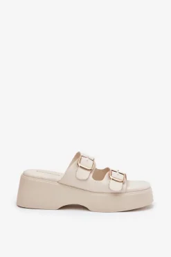 Damskie Boto Klapki Damskie Na Koturnie I Platformie Z Klamrami Jasnobeżowe Nitarelia