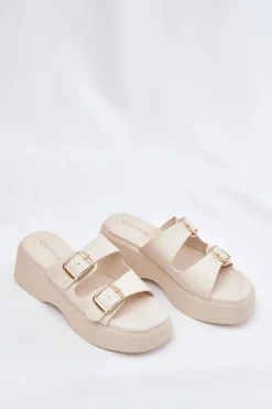 Damskie Boto Klapki Damskie Na Koturnie I Platformie Z Klamrami Jasnobeżowe Nitarelia