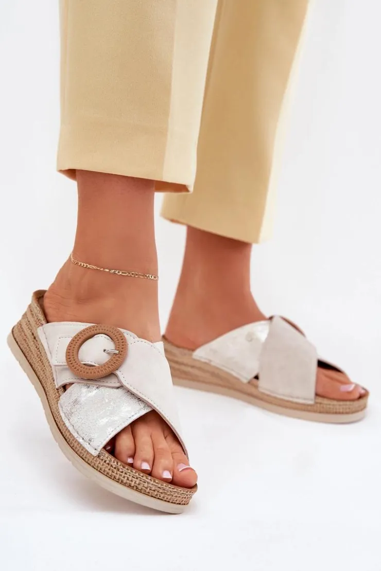 INBLU Klapki Na Koturnie|Klapki Na Obcasie*Klapki Damskie Na Koturnie Z Ozdobną Klamrą RV000012 Jasnobeżowe Beżowy