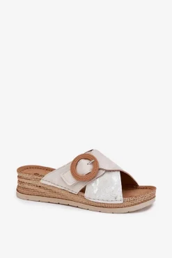 INBLU Klapki Na Koturnie|Klapki Na Obcasie*Klapki Damskie Na Koturnie Z Ozdobną Klamrą RV000012 Jasnobeżowe Beżowy