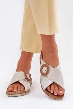 INBLU Klapki Na Koturnie|Klapki Na Obcasie*Klapki Damskie Na Koturnie Z Ozdobną Klamrą RV000012 Jasnobeżowe Beżowy